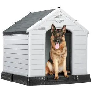 Durable Waterproof Plastic Dog House for Small to Large Sized Dogs, Indoor Outdoor Doghouse Insulated Puppy Shelter with Elevated Floor, Easy to Assemble (Gray, 34''L*31''W*32''H) Durable Waterproof Plastic Dog House for Small to Large Sized Dogs, Indoor Outdoor Doghouse Insulated Puppy Shelter with Elevated Floor, Easy to Assemble (Gray, 34''L*31''W*32''H)