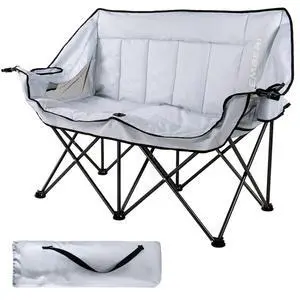 Oversized Outdoor Double Camping Chair with Strap, Heavy Duty Padded Portable Folding Loveseat for Adults, 2 Person Camping Couch with Cup Holders, Glass Holders, Back Storage Bag, Gray Oversized Outdoor Double Camping Chair with Strap, Heavy Duty Padded Portable Folding Loveseat for Adults, 2 Person Camping Couch with Cup Holders, Glass Holders, Back Storage Bag, Gray