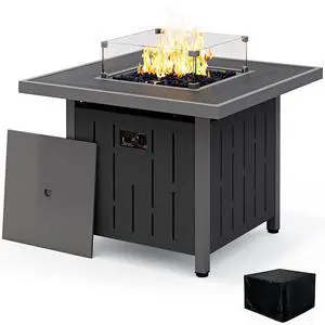 33" Outdoor Fire Pit Table, 50,000 BTU Square Propane Fire Pit Table with Lid, Glass Rock & Glass Wind Guard, HDPE Outdoor Furniture for Patio, Garden, Backyard, Black 33" Outdoor Fire Pit Table, 50,000 BTU Square Propane Fire Pit Table with Lid, Glass Rock & Glass Wind Guard, HDPE Outdoor Furniture for Patio, Garden, Backyard, Black