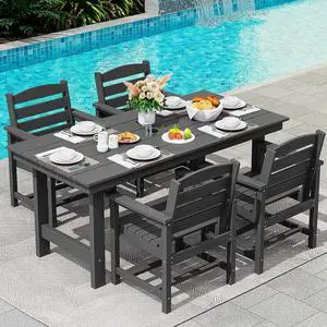 Patio Dining Table Sets 5-Piece, Outdoor HDPE Dining Furniture Set with Umbrella Hole Cut-Out Table and 4 Chairs, All Weather Dining Set for Lawn, Garden, Backyard, Poolside, Black Patio Dining Table Sets 5-Piece, Outdoor HDPE Dining Furniture Set with Umbrella Hole Cut-Out Table and 4 Chairs, All Weather Dining Set for Lawn, Garden, Backyard, Poolside, Black