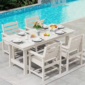 Patio Table Set, Outdoor HDPE Dining Set with Umbrella Hole, 5-Piece - Table and 4 Chairs, All Weather for Lawn, Garden, Poolside, White Patio Table Set, Outdoor HDPE Dining Set with Umbrella Hole, 5-Piece - Table and 4 Chairs, All Weather for Lawn, Garden, Poolside, White
