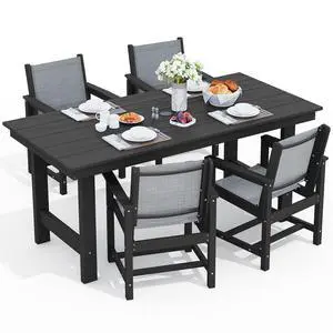 5 Piece Patio Dining Sets, Outdoor HDPE Dining Furniture Set with Umbrella Hole Cut-Out Table and 4 Woven Chairs, Gray 5 Piece Patio Dining Sets, Outdoor HDPE Dining Furniture Set with Umbrella Hole Cut-Out Table and 4 Woven Chairs, Gray