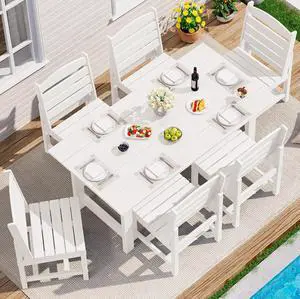 Patio Dining Sets for 6 Person, HDPE Dining Set with 6 Armless Chairs, White Patio Dining Sets for 6 Person, HDPE Dining Set with 6 Armless Chairs, White
