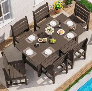 Patio Dining Sets for 6 Person, HDPE Dining Set with 6 Armless Chairs, Coffee Patio Dining Sets for 6 Person, HDPE Dining Set with 6 Armless Chairs, Coffee