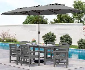 8-Piece Patio Dining Sets with 15FT Double Side Patio Umbrella, Outdoor HDPE Dining Furniture Set with Umbrella Hole Cut-Out Table and 6 Chairs, GrayUmbreall Base not Included 8-Piece Patio Dining Sets with 15FT Double Side Patio Umbrella, Outdoor HDPE Dining Furniture Set with Umbrella Hole Cut-Out Table and 6 Chairs, GrayUmbreall Base not Included