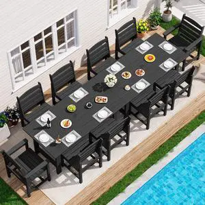 Patio Dining Sets for 10 Person, HDPE Dining Set with 2 Tables, 8 Armless Chairs and 2 Armed Dining Chairs, Black Patio Dining Sets for 10 Person, HDPE Dining Set with 2 Tables, 8 Armless Chairs and 2 Armed Dining Chairs, Black