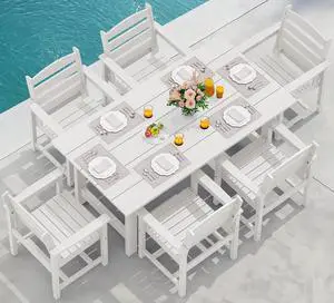 7-Piece Patio Dining Table Sets, Outdoor HDPE Dining Furniture Set with Umbrella Hole Cut-Out Table and 6 Chairs, White 7-Piece Patio Dining Table Sets, Outdoor HDPE Dining Furniture Set with Umbrella Hole Cut-Out Table and 6 Chairs, White