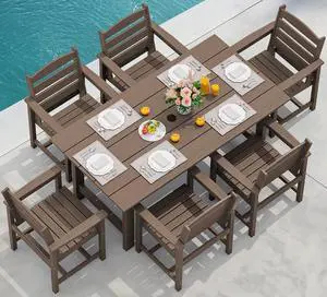 7-Piece Patio Dining Table Sets, Outdoor HDPE Dining Furniture Set with Umbrella Hole Cut-Out Table and 6 Chairs, All Weather Dining Set for Lawn, Garden, Backyard, Poolside, Coffee 7-Piece Patio Dining Table Sets, Outdoor HDPE Dining Furniture Set with Umbrella Hole Cut-Out Table and 6 Chairs, All Weather Dining Set for Lawn, Garden, Backyard, Poolside, Coffee