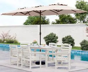 8-Piece Patio Dining Sets with 15FT Double Side Patio Umbrella, Outdoor HDPE Dining Furniture Set with Umbrella Hole Cut-Out Table and 6 Chairs, WhiteUmbreall Base not Included 8-Piece Patio Dining Sets with 15FT Double Side Patio Umbrella, Outdoor HDPE Dining Furniture Set with Umbrella Hole Cut-Out Table and 6 Chairs, WhiteUmbreall Base not Included