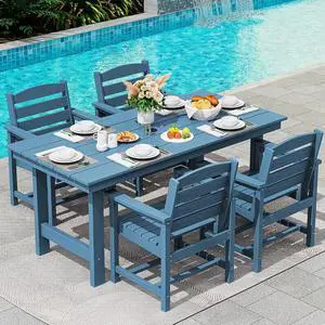Patio Table Set, Outdoor HDPE Dining Furniture with Umbrella Hole, All Weather for Lawn, Garden, Backyard, Poolside, Blue | with Umbrella Hole Patio Table Set, Outdoor HDPE Dining Furniture with Umbrella Hole, All Weather for Lawn, Garden, Backyard, Poolside, Blue | with Umbrella Hole