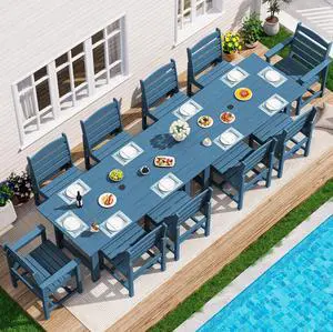 Patio Dining Sets for 10 Person, HDPE Dining Set with 2 Tables, 8 Armless Chairs and 2 Armed Dining Chairs, Blue Patio Dining Sets for 10 Person, HDPE Dining Set with 2 Tables, 8 Armless Chairs and 2 Armed Dining Chairs, Blue