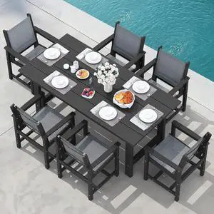 Patio Dining Sets for 6, Outdoor HDPE Dining Set with Umbrella Hole Cut-Out Table and 6 Woven Chairs, Black Patio Dining Sets for 6, Outdoor HDPE Dining Set with Umbrella Hole Cut-Out Table and 6 Woven Chairs, Black