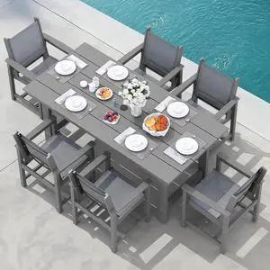 Patio Dining Sets for 6, Outdoor HDPE Dining Set with Umbrella Hole Cut-Out Table and 6 Woven Chairs, Gray Patio Dining Sets for 6, Outdoor HDPE Dining Set with Umbrella Hole Cut-Out Table and 6 Woven Chairs, Gray