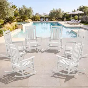 Oversized Outdoor Rocking Chairs Set of 6, Oversized HDPE Porch Rockers for Adults, All-Weather Composite Patio Rocking Chairs, White Oversized Outdoor Rocking Chairs Set of 6, Oversized HDPE Porch Rockers for Adults, All-Weather Composite Patio Rocking Chairs, White