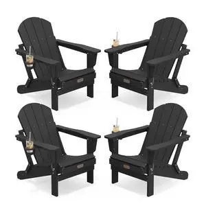 Foldable Adirondack Chair Set of 4, All Weather Adirondack Chairs with Cup Holder for Patio Garden Outdoors Fire Pit-Black Foldable Adirondack Chair Set of 4, All Weather Adirondack Chairs with Cup Holder for Patio Garden Outdoors Fire Pit-Black