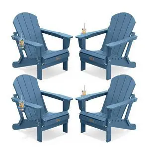 Folding Adirondack Chair with Cup Holder Set of 4, Weather Resistant HIPS Patio Chairs, Wooden Textured, Fire Pit Chairs for Garden Outdoors Fire Pit - Blue Folding Adirondack Chair with Cup Holder Set of 4, Weather Resistant HIPS Patio Chairs, Wooden Textured, Fire Pit Chairs for Garden Outdoors Fire Pit - Blue