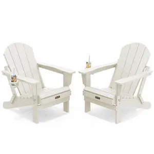 Folding Adirondack Chair Set of 2, All Weather Patio Chair with Wood Texture, Fire Pit Chairs for Outdoor - White Folding Adirondack Chair Set of 2, All Weather Patio Chair with Wood Texture, Fire Pit Chairs for Outdoor - White