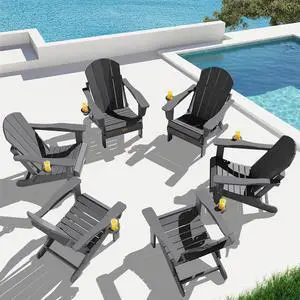 Folding Adirondack Chair with Cup Holder Set of 6, Weather Resistant HIPS Lawn Chairs, Wooden Textured, Fire Pit Chairs for Backyard, Garden, Fire Pit- Gray Folding Adirondack Chair with Cup Holder Set of 6, Weather Resistant HIPS Lawn Chairs, Wooden Textured, Fire Pit Chairs for Backyard, Garden, Fire Pit- Gray