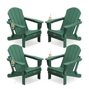 Foldable Adirondack Chair Set of 4, Weather Resistant HIPS Patio Chairs with Cup Holder for Garden Outdoors Fire Pit Chairs-Green Foldable Adirondack Chair Set of 4, Weather Resistant HIPS Patio Chairs with Cup Holder for Garden Outdoors Fire Pit Chairs-Green