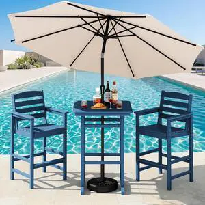 4 Pieces Outdoor Patio Bar Set with 9ft Umbrella, Outdoor HDPE Barstool and Table Furniture Set with Patio Umbrella, Blue 4 Pieces Outdoor Patio Bar Set with 9ft Umbrella, Outdoor HDPE Barstool and Table Furniture Set with Patio Umbrella, Blue