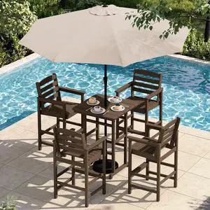 6 Pieces Outdoor Patio Bar Set with 9ft Umbrella, Outdoor HDPE Barstool and Table Furniture Set with Patio Umbrella, Coffee 6 Pieces Outdoor Patio Bar Set with 9ft Umbrella, Outdoor HDPE Barstool and Table Furniture Set with Patio Umbrella, Coffee