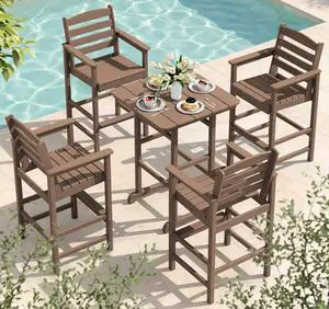 5 Pieces Adirondack Bar Chairs Set with Bar Table, HDPE Outdoor Barstool Set, Brown 5 Pieces Adirondack Bar Chairs Set with Bar Table, HDPE Outdoor Barstool Set, Brown