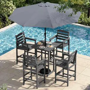 6 Pieces Outdoor Patio Bar Set with 9ft Umbrella, Outdoor HDPE Barstool and Table Furniture Set with Patio Umbrella, Gray 6 Pieces Outdoor Patio Bar Set with 9ft Umbrella, Outdoor HDPE Barstool and Table Furniture Set with Patio Umbrella, Gray
