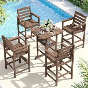 5 Pieces Outdoor Patio Bar Set, Oversize Tall Adirondack Bar Chair and Table Set, Brown 5 Pieces Outdoor Patio Bar Set, Oversize Tall Adirondack Bar Chair and Table Set, Brown