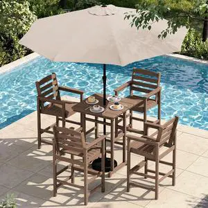 6 Pieces Outdoor Patio Bar Set with 9ft Umbrella, Outdoor HDPE Barstool and Table Furniture Set with Patio Umbrella, Brown 6 Pieces Outdoor Patio Bar Set with 9ft Umbrella, Outdoor HDPE Barstool and Table Furniture Set with Patio Umbrella, Brown