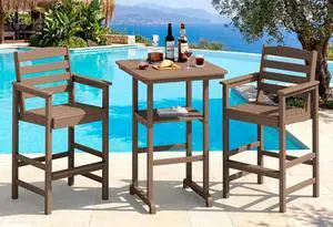 Balcony Adirondack Chairs and Table 3 Pieces Set, Oversize Adirondack Bar Height Chairs Set of 2 and Bar Table, Outdoor Bar Stools Set, Brown Balcony Adirondack Chairs and Table 3 Pieces Set, Oversize Adirondack Bar Height Chairs Set of 2 and Bar Table, Outdoor Bar Stools Set, Brown