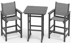 3 Pieces Textilene Adirondack Bar Set, Tall Adirondack Bar Height Chairs with Bar Table, Sling Balcony Adirondack Chairs, Weather Resistance Resin Outdoor Bar Height Stools, Gray 3 Pieces Textilene Adirondack Bar Set, Tall Adirondack Bar Height Chairs with Bar Table, Sling Balcony Adirondack Chairs, Weather Resistance Resin Outdoor Bar Height Stools, Gray