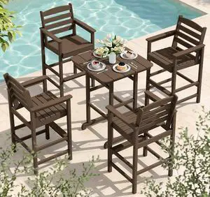 5 Pieces Adirondack Bar Chairs and Table Set, HDPE Adirondack Barstools and Bar Table with Umbrella Hole, Coffee 5 Pieces Adirondack Bar Chairs and Table Set, HDPE Adirondack Barstools and Bar Table with Umbrella Hole, Coffee