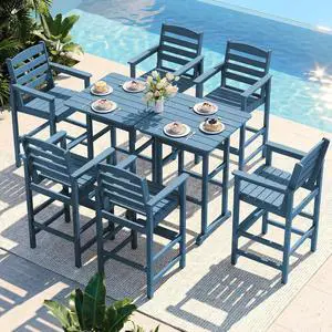 8 Pieces Balcony Adirondack Chairs and Table Set, Adirondack Bar Height Chairs Set of 6 and 2 Bar Table, Outdoor Bar Stools Set, Blue 8 Pieces Balcony Adirondack Chairs and Table Set, Adirondack Bar Height Chairs Set of 6 and 2 Bar Table, Outdoor Bar Stools Set, Blue