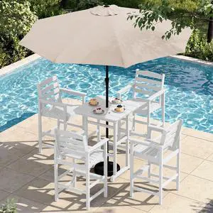 6 Pieces Outdoor Patio Bar Set with 9ft Umbrella, Outdoor HDPE Barstool and Table Furniture Set with Patio Umbrella, White 6 Pieces Outdoor Patio Bar Set with 9ft Umbrella, Outdoor HDPE Barstool and Table Furniture Set with Patio Umbrella, White