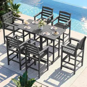 8 Pieces Balcony Adirondack Chairs and Table Set, Adirondack Bar Height Chairs Set of 6 and 2 Bar Table, Outdoor Bar Stools Set, Gray 8 Pieces Balcony Adirondack Chairs and Table Set, Adirondack Bar Height Chairs Set of 6 and 2 Bar Table, Outdoor Bar Stools Set, Gray