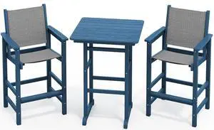 3 Pieces Textilene Adirondack Bar Set, Tall Adirondack Bar Height Chairs with Bar Table, Sling Balcony Adirondack Chairs, Weather Resistance Resin Outdoor Bar Height Stools, Blue 3 Pieces Textilene Adirondack Bar Set, Tall Adirondack Bar Height Chairs with Bar Table, Sling Balcony Adirondack Chairs, Weather Resistance Resin Outdoor Bar Height Stools, Blue