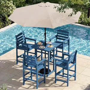 6 Pieces Outdoor Patio Bar Set with 9ft Umbrella, Outdoor HDPE Barstool and Table Furniture Set with Patio Umbrella, Blue 6 Pieces Outdoor Patio Bar Set with 9ft Umbrella, Outdoor HDPE Barstool and Table Furniture Set with Patio Umbrella, Blue
