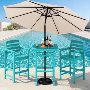 4 Pieces Outdoor Patio Bar Set with 9ft Umbrella, Outdoor HDPE Barstool and Table Furniture Set with Patio Umbrella, Aruba 4 Pieces Outdoor Patio Bar Set with 9ft Umbrella, Outdoor HDPE Barstool and Table Furniture Set with Patio Umbrella, Aruba