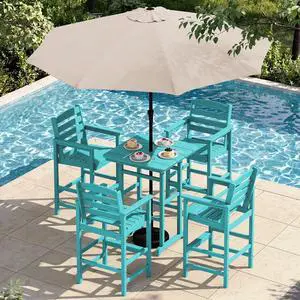 6 Pieces Outdoor Patio Bar Set with 9ft Umbrella, Outdoor HDPE Barstool and Table Furniture Set with Patio Umbrella, Aruba 6 Pieces Outdoor Patio Bar Set with 9ft Umbrella, Outdoor HDPE Barstool and Table Furniture Set with Patio Umbrella, Aruba