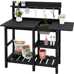 Outdoor Potting Bench with Removeable Sink,Rot-Resistant HDPE Potting Table for Outside Gardening, All Weather Use - Black Outdoor Potting Bench with Removeable Sink,Rot-Resistant HDPE Potting Table for Outside Gardening, All Weather Use - Black