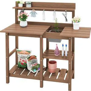 Outdoor Potting Bench with Removeable Sink,Rot-Resistant HDPE Potting Table for Outside Gardening, All Weather Use - Brown Outdoor Potting Bench with Removeable Sink,Rot-Resistant HDPE Potting Table for Outside Gardening, All Weather Use - Brown