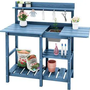 Outdoor Potting Bench with Removeable Sink,Rot-Resistant HDPE Potting Table for Outside Gardening, All Weather Use - Blue Outdoor Potting Bench with Removeable Sink,Rot-Resistant HDPE Potting Table for Outside Gardening, All Weather Use - Blue