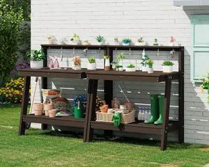 Potting Bench Outdoor with Storage Set of 2, 3-Tier HDPE Gardening Table with Angled Legs & Tool Hooks, All-Weather Heavy Duty Potting Table for Patio, Backyard, Garden, Coffee Potting Bench Outdoor with Storage Set of 2, 3-Tier HDPE Gardening Table with Angled Legs & Tool Hooks, All-Weather Heavy Duty Potting Table for Patio, Backyard, Garden, Coffee
