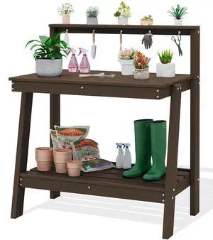 Potting Bench Outdoor with Storage, 3-Tier HDPE Gardening Table with Angled Legs & Tool Hooks, All-Weather Heavy Duty Potting Table for Patio, Backyard, Garden, Coffee Potting Bench Outdoor with Storage, 3-Tier HDPE Gardening Table with Angled Legs & Tool Hooks, All-Weather Heavy Duty Potting Table for Patio, Backyard, Garden, Coffee