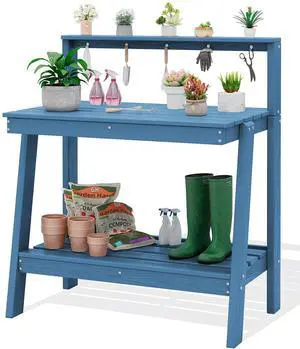 Potting Bench Outdoor with Storage, 3-Tier HDPE Gardening Table with Angled Legs & Tool Hooks, All-Weather Heavy Duty Potting Table for Patio, Backyard, Garden, Blue Potting Bench Outdoor with Storage, 3-Tier HDPE Gardening Table with Angled Legs & Tool Hooks, All-Weather Heavy Duty Potting Table for Patio, Backyard, Garden, Blue