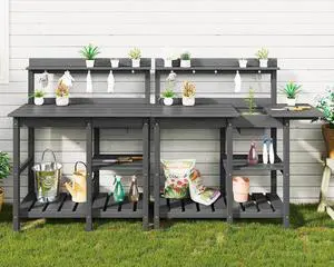 Outdoor Potting Bench 2-Piece Set, Rot-Resistant HDPE Potting Table with Removable Sink for Outside Gardening, All-Weather Use - Gray Outdoor Potting Bench 2-Piece Set, Rot-Resistant HDPE Potting Table with Removable Sink for Outside Gardening, All-Weather Use - Gray