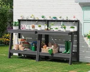 Potting Bench Outdoor with Storage Set of 2, 3-Tier HDPE Gardening Table with Angled Legs & Tool Hooks, All-Weather Heavy Duty Potting Table for Patio, Backyard, Garden, Black Potting Bench Outdoor with Storage Set of 2, 3-Tier HDPE Gardening Table with Angled Legs & Tool Hooks, All-Weather Heavy Duty Potting Table for Patio, Backyard, Garden, Black