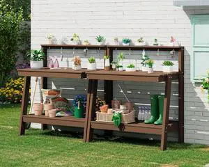 Potting Bench Outdoor with Storage Set of 2, 3-Tier HDPE Gardening Table with Angled Legs & Tool Hooks, All-Weather Heavy Duty Potting Table for Patio, Backyard, Garden, Brown Potting Bench Outdoor with Storage Set of 2, 3-Tier HDPE Gardening Table with Angled Legs & Tool Hooks, All-Weather Heavy Duty Potting Table for Patio, Backyard, Garden, Brown