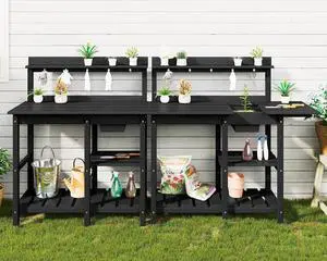 Outdoor Potting Bench 2-Piece Set, Rot-Resistant HDPE Potting Table with Removable Sink for Outside Gardening, All-Weather Use - Black Outdoor Potting Bench 2-Piece Set, Rot-Resistant HDPE Potting Table with Removable Sink for Outside Gardening, All-Weather Use - Black