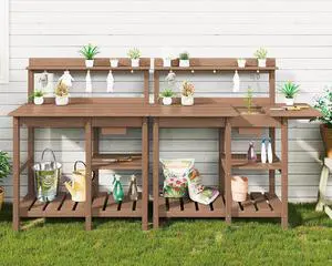 Outdoor Potting Bench 2-Piece Set, Rot-Resistant HDPE Potting Table with Removable Sink for Outside Gardening, All-Weather Use - Brown Outdoor Potting Bench 2-Piece Set, Rot-Resistant HDPE Potting Table with Removable Sink for Outside Gardening, All-Weather Use - Brown
